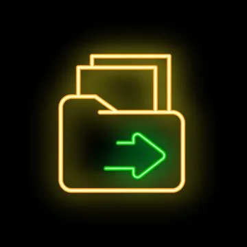 Neon green folder icon with arrow pointing right on black background Illustrazione stock