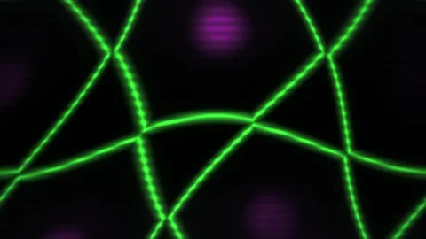 Neon Green Geometric Grid Pattern Pulsing with Purple Light Orbs Stock Footage 343737122