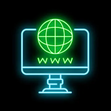 Neon green globe on computer screen with www text below Stock Illustration