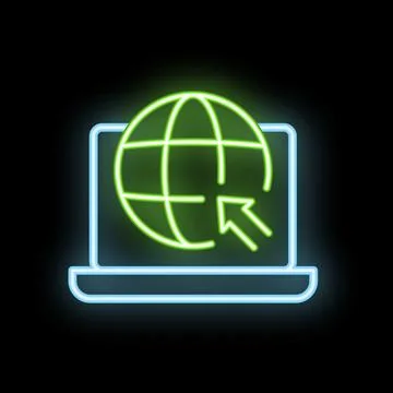 Neon green globe with cursor on laptop screen representing internet browsing Illustrazione stock