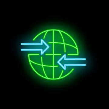 Neon green globe with two blue arrows pointing in opposite directions Illustrazione stock