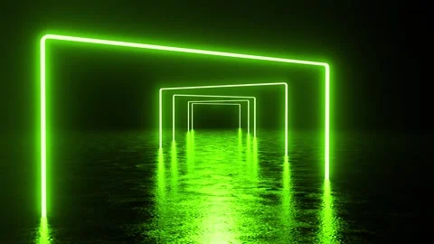 Neon green glowing rectangular gates on reflective surface Video stock 315989162