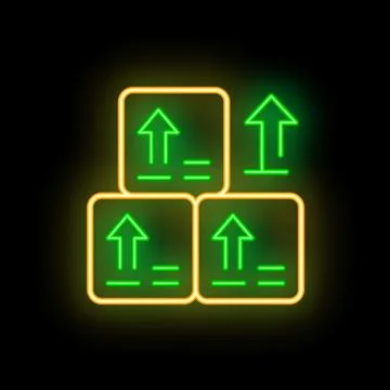 Neon green glowing stack of cardboard boxes with up arrows on black backgroun Illustrazione stock