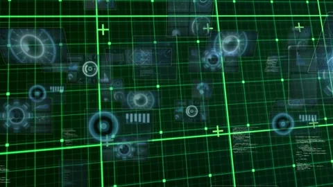 Neon-green grid activating, blue HUD panels fading, rings rotating, code Stock Footage 321070870