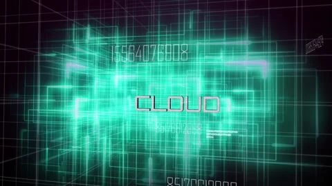 Neon green grid structure pulsing and rotating in void, revealing CLOUD text Stock Footage 311450748