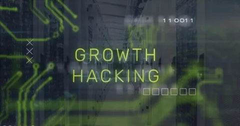 Neon green Growth Hacking text glowing over server hall showing circuit traces Stock Footage 309145774