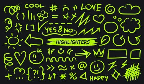 Neon green highlight brush underlines. isolated elements. Illustrazione stock