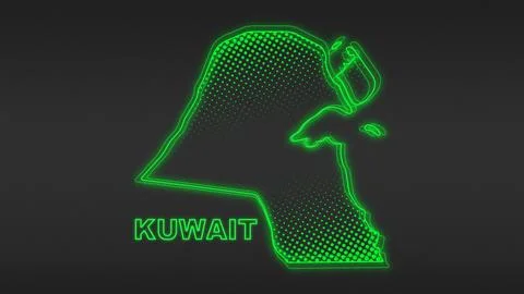 Neon Green Kuwait Map Outline Futuristic Digital Glow Halftone Illustration Stock Illustration