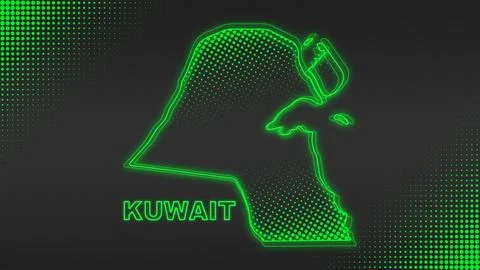Neon Green Kuwait Map Outline Futuristic Digital Glow Halftone Illustration Stock Illustration