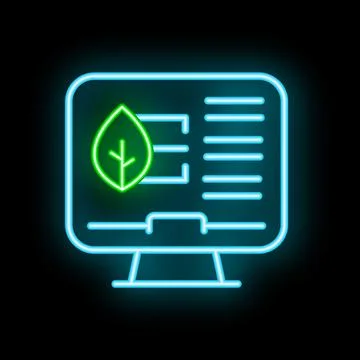 Neon green leaf on computer screen symbolizing online ecology information Stock Illustration