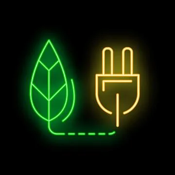 Neon green leaf connected to yellow electric plug with dashed line Stock Illustration