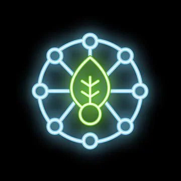 Neon green leaf connecting network points in circle shape Stock Illustration