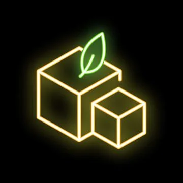 Neon green leaf growing from digital blockchain cubes on black background Stock Illustration