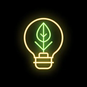 Neon green leaf growing inside lightbulb on black background Stock Illustration