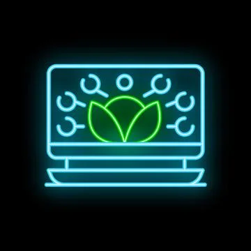Neon green leaf icon inside computer screen symbolizing online agriculture .. Stock Illustration