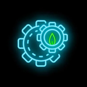 Neon green leaf inside gear and cogwheel on black background Stock Illustration