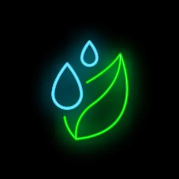 Neon green leaf receiving blue water drops on black background Stock Illustration