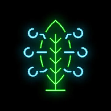 Neon green leaf surrounded by blue circles on black background Stock Illustration