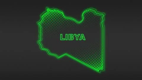 Neon Green Libya Map Outline Futuristic Digital Glow Halftone Illustration Stock Illustration