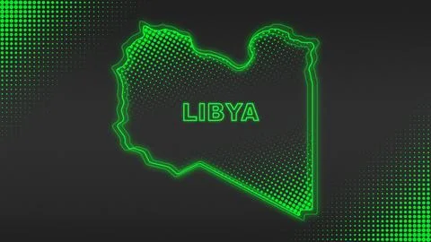 Neon Green Libya Map Outline Futuristic Digital Glow Halftone Illustration Stock Illustration