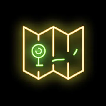 Neon green map icon glowing on black background Stock Illustration