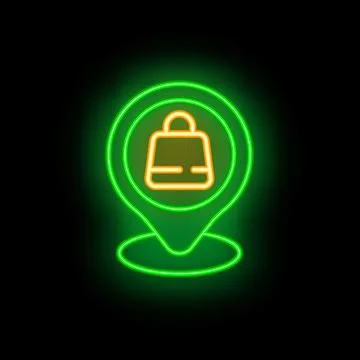 Neon green map pointer with shopping bag icon on black background Stock Illustration