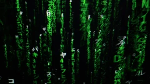 Neon Green Matrix Code Rain Falling on Black Screen Background Stock Footage 334734034