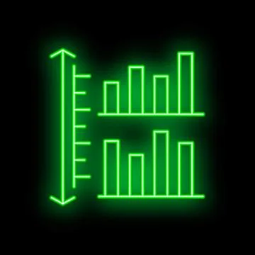 Neon green measuring scale evaluating bar charts on black background Stock Illustration