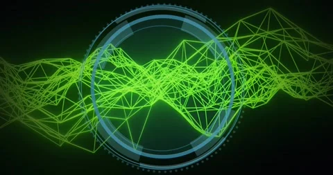 Neon green mesh moving, circular HUD growing from center, locking and scanning Stock Footage 331735851