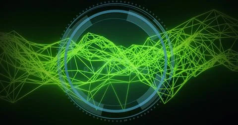 Neon green mesh moving, circular HUD growing from center, locking and scanning Stock Illustration