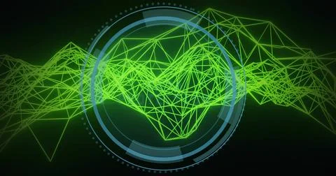 Neon green mesh moving, circular HUD growing from center, locking and scanning Stock Illustration