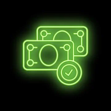 Neon green money bills stack with check mark icon on black background 스톡 일러스트