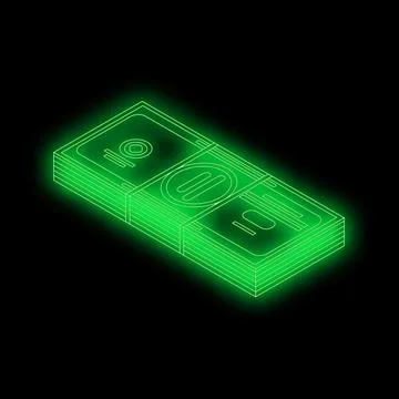 Neon green money stack glowing on black background Stock Illustration