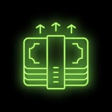 Neon green money stack increasing with up arrows on black background Stock Illustration