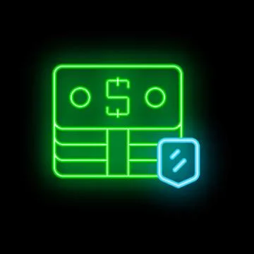 Neon green money stack with shield icon on black background Stock Illustration