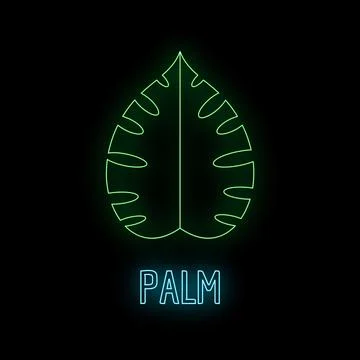 Neon green monstera leaf icon with glowing blue palm text イラスト素材
