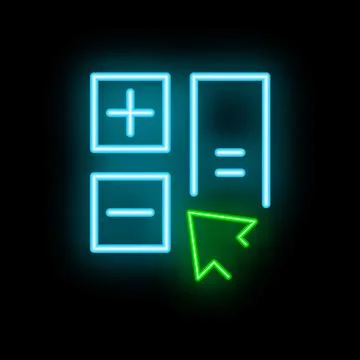 Neon green mouse cursor clicking on blue neon plus and minus signs 스톡 일러스트