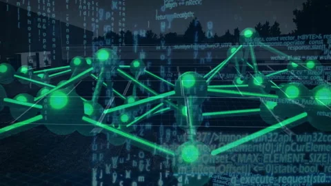 Neon green network being rendered in 3D grid, with code streams overlaying mesh Stock Footage 308026377