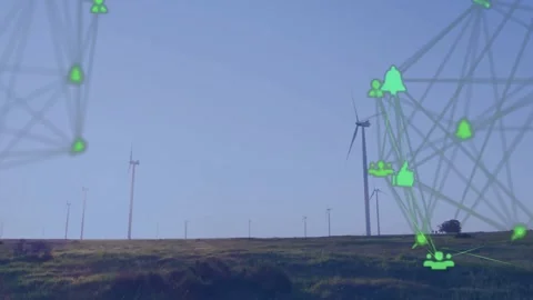 Neon-green network nodes being overlaid onto rolling grassy field with wind Stock Footage 327278394