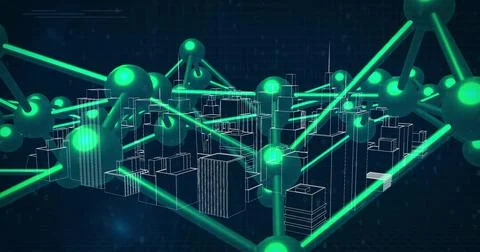Neon-green network overlay is connecting wireframe city buildings in 3D render Stock Illustration