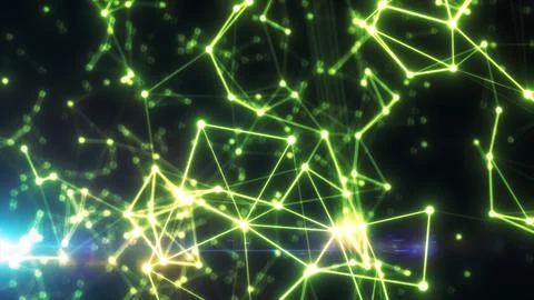 Neon green network structure with interconnected points glowing in space-like 写真素材