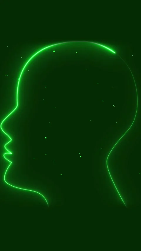 Neon Green Outline of a Human Head Profile with Glowing Particles on a Dark.. Stock Footage 344859453
