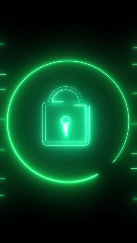 Neon green padlock icon with a circular glowing outline on a dark backgroun.. Stock Footage 337460040