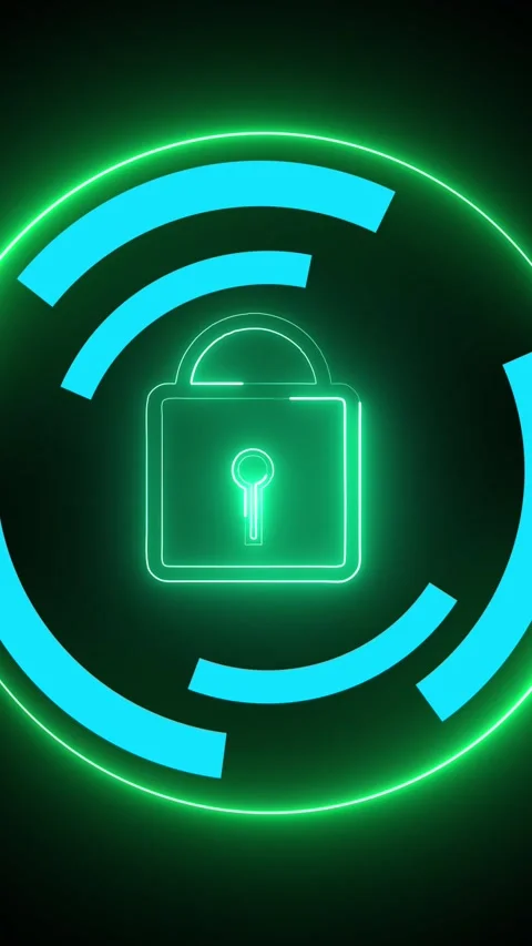 Neon green padlock icon with a circular glowing outline and blue segments o.. Stock Footage 337460048