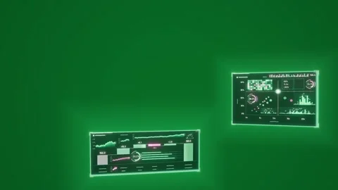 Neon green panel appearing, second emerging, holo HUDs floating, showing charts Stock Footage 348242275