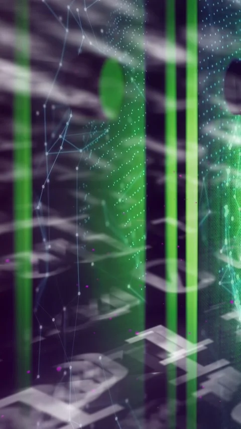 Neon-green panel receiving white wave, emitting point-clouds and forming disc Stock Footage 332985171