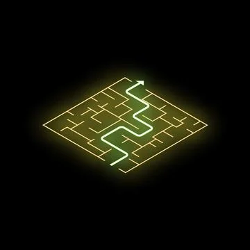 Neon green path leading through golden maze on black background Illustrazione stock