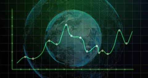 Neon green plot line starting at left axis and drawing peaks over teal globe, Stock Footage 331712761