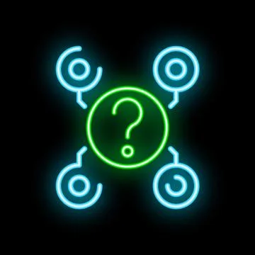 Neon green question mark surrounded by blue circles connected with lines on.. Ilustração Stock