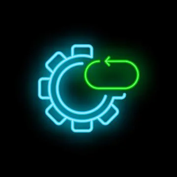 Neon green refresh arrow wrapping around blue gear on black background Stock Illustration